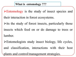 Entomology is the study of insect species and
their interaction in forest ecosystems.
its the study of forest insects, particularly those
insects which feed on or do damage to trees or
lumber.
Entomologists study insect biology, life cycles,
and classification, interactions with their host
plants and control/management strategies.
What is entomology ???
 