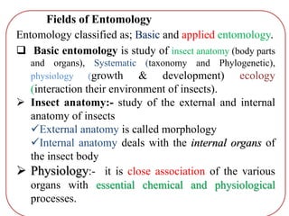 Entomology classified as; Basic and applied entomology.
 Basic entomology is study of insect anatomy (body parts
and organs), Systematic (taxonomy and Phylogenetic),
physiology (growth & development) ecology
(interaction their environment of insects).
 Insect anatomy:- study of the external and internal
anatomy of insects
External anatomy is called morphology
Internal anatomy deals with the internal organs of
the insect body
 Physiology:- it is close association of the various
organs with essential chemical and physiological
processes.
Fields of Entomology
 