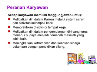 Peranan Karyawan
Setiap karyawan memiliki tanggungjawab untuk:
 Melibatkan diri dalam Kaizen melalui sistem saran
dan aktivitas kelompok kecil.
 Mempraktikan disiplin di tempat kerja.
 Melibatkan diri dalam pengembangan diri yang terus
menerus supaya menjadi pemecah masalah yang
lebih baik.
 Meningkatkan ketrampilan dan keahlian kinerja
pekerjaan dengan pendidikan silang.
 