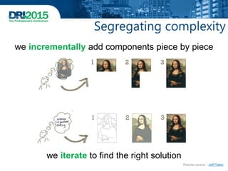 Segregating complexity
Pictures source – Jeff Patton
we incrementally add components piece by piece
we iterate to find the right solution
 