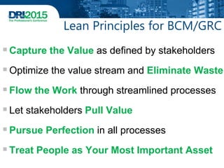 Lean Principles for BCM/GRC
Capture the Value as defined by stakeholders
Optimize the value stream and Eliminate Waste
Flow the Work through streamlined processes
Let stakeholders Pull Value
Pursue Perfection in all processes
Treat People as Your Most Important Asset
 