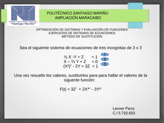    
OPTIMIZACIÓN DE SISTEMAS Y EVALUACIÓN DE FUNCIONES
EJERCICIOS DE SISTEMAS DE ECUACIONES
MÉTODO DE SUSTITUCIÓN
Sea el siguiente sistema de ecuaciones de tres incognitas de 3 x 3
½ X -Y + Z = 1
X – Y + Z = 0⅔
(X³)” - 2Y + 3Z = 1
Una vez resuelto los valores, sustituirlos para para hallar el valores de la
siguente función:
F(t) = 3Z’ + 2X ’’ - 3Y²’⁴
POLITÉCNICO SANTIAGO MARIÑO 
AMPLIACIÓN MARACAIBO
Leoner Parra
C.I 5.722.633
1
2
3
 