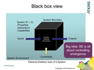 Black box view

                                 System Boundary
        System (P, I, C)
        -Properties
        -Interactions
        -Capabilities

                                  Energy
        Inputs                    Material                      Outputs
                                Information


                                                            Big Idea: SE is all
                                                            about controlling
                                                               emergence
                              Constraints
System Environment
                   External (Holistic) View of a System

                                              Copyright © 2013 Atkins Ltd
 