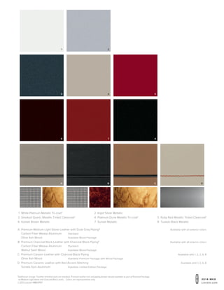 20 1 4 MKX
Lincoln.com
1
Additional charge. 2
Leather-trimmed seats are standard. Premium leather trim and piping (shown above) available as part of Premium Package
on Medium Light Stone and Charcoal Black seats. Colors are representative only.
©2013 Lincoln 14MKXPDF
1
3
6
a
2
4
7
b d
5
8
c
	1	 White Platinum Metallic Tri-coat1
	3	 Smoked Quartz Metallic Tinted Clearcoat1
	6	 Kodiak Brown Metallic
	A	Premium Medium Light Stone Leather with Dusk Gray Piping2
 Available with all exterior colors
Carbon Fiber Weave Aluminum	 Standard
Olive Ash Wood	 Available Wood Package
	B	Premium Charcoal Black Leather with Charcoal Black Piping2
 Available with all exterior colors
Carbon Fiber Weave Aluminum	 Standard
Walnut Swirl Wood	 Available Wood Package
	C	Premium Canyon Leather with Charcoal Black Piping Available with 1, 2, 3, 6, 8
Olive Ash Wood	 Available Premium Package with Wood Package
	D	Premium Ceramic Leather with Red Accent Stitching Available with 1, 3, 6, 8
Sonata Spin Aluminum	 Available Limited Edition Package
	2	 Ingot Silver Metallic
	4	 Platinum Dune Metallic Tri-coat1
	7	 Sunset Metallic
	
	5	 Ruby Red Metallic Tinted Clearcoat1
8	 Tuxedo Black Metallic
 