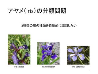 アヤメ（Iris）の分類問題
11
Iris versicolorIris setosa Iris versinica
3種類の花の種類を自動的に識別したい
 