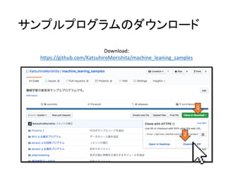 サンプルプログラムのダウンロード
18
1
2
Download:
https://github.com/KatsuhiroMorishita/machine_leaning_samples
 
