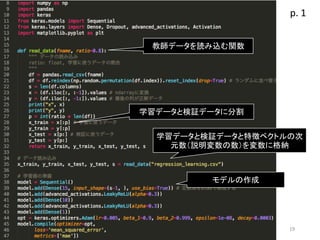 19
教師データを読み込む関数
モデルの作成
学習データと検証データに分割
学習データと検証データと特徴ベクトルの次
元数（説明変数の数）を変数に格納
p. 1
 