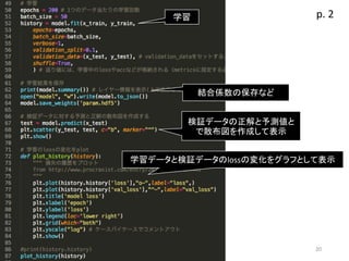 20
学習
結合係数の保存など
学習データと検証データのlossの変化をグラフとして表示
検証データの正解と予測値と
で散布図を作成して表示
p. 2
 