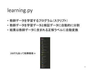 learning.py
• 教師データを学習するプログラム（スクリプト）
• 教師データを学習データと検証データに自動的に分割
• 結果は教師データに含まれる正解ラベルに自動変換
28
200行もあって結構複雑→
 
