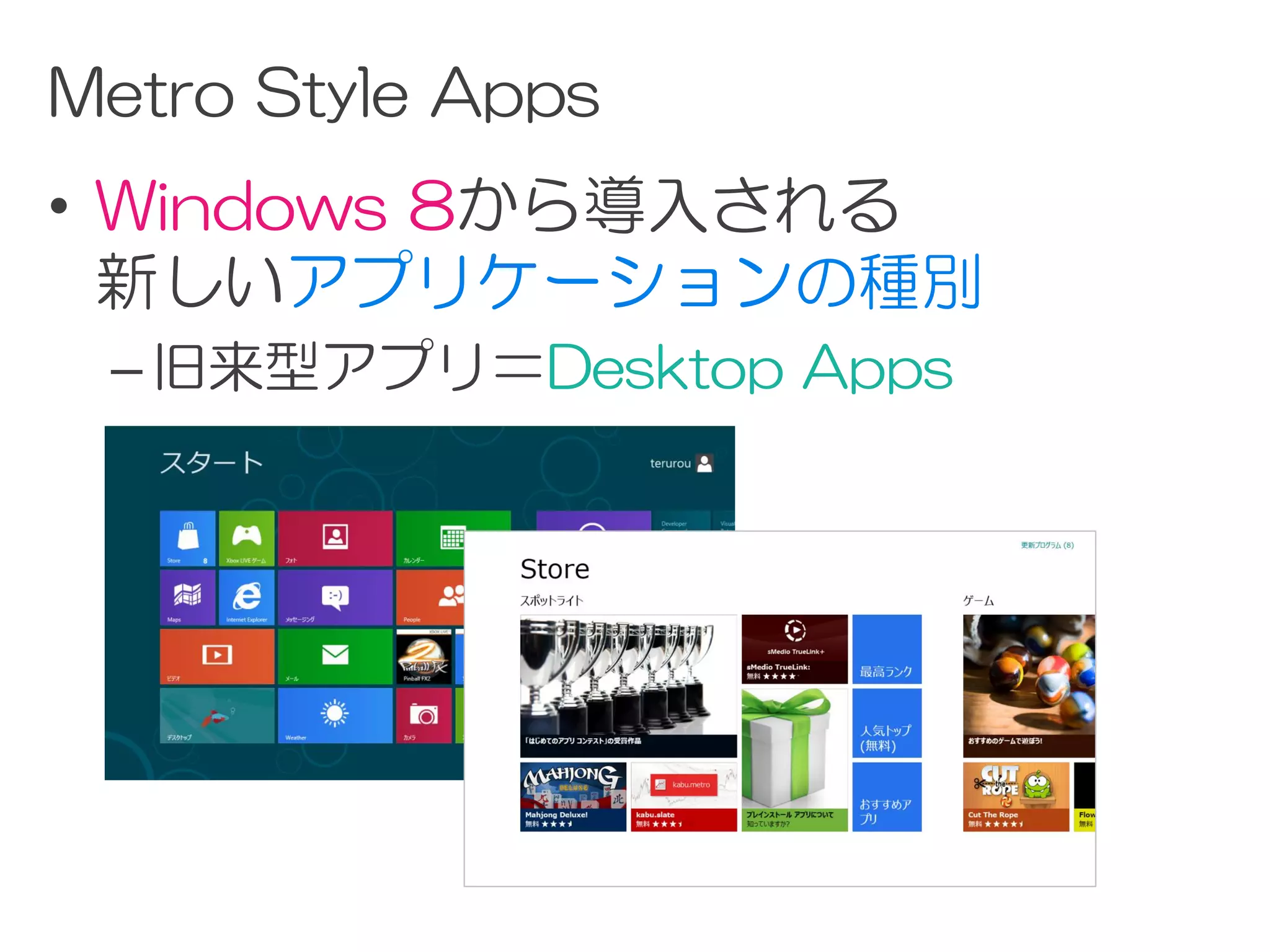 Metro Style Apps
• Windows 8から導入される
  新しいアプリケーションの種別
 – 旧来型アプリ＝Desktop Apps
 