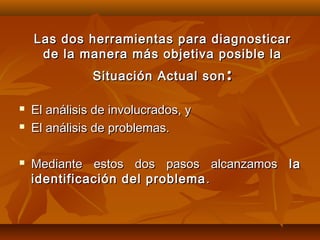 Las dos herramientas para diagnosticar
     de la manera más objetiva posible la
               Situación Actual son :

   El análisis de involucrados, y
   El análisis de problemas.

   Mediante estos dos pasos alcanzamos la
    identificación del problema .
 