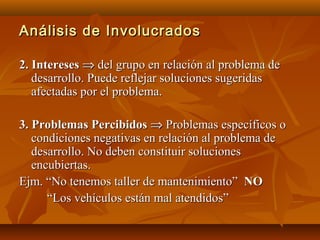 Análisis de Involucrados

2. Intereses ⇒ del grupo en relación al problema de
   desarrollo. Puede reflejar soluciones sugeridas
   afectadas por el problema.

3. Problemas Percibidos ⇒ Problemas específicos o
   condiciones negativas en relación al problema de
   desarrollo. No deben constituir soluciones
   encubiertas.
Ejm. “No tenemos taller de mantenimiento” NO
      “Los vehículos están mal atendidos”
 