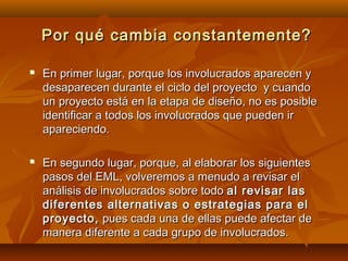 Por qué cambia constantemente?

   En primer lugar, porque los involucrados aparecen y
    desaparecen durante el ciclo del proyecto y cuando
    un proyecto está en la etapa de diseño, no es posible
    identificar a todos los involucrados que pueden ir
    apareciendo.

   En segundo lugar, porque, al elaborar los siguientes
    pasos del EML, volveremos a menudo a revisar el
    análisis de involucrados sobre todo al revisar las
    diferentes alternativas o estrategias para el
    proyecto, pues cada una de ellas puede afectar de
    manera diferente a cada grupo de involucrados.
 