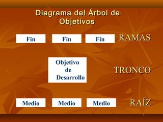 Diagrama del Árbol de
             Objetivos

 Fin         Fin        Fin     RAMAS

           Objetivo
              de                TRONCO
           Desarrollo



Medio       Medio       Medio     RAÍZ
 
