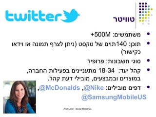 ‫טוויטר‬
                              ‫‪ ‬משתמשים: ‪+500M‬‬
‫‪ ‬תוכן: 041תוים של טקסט )ניתן לצרף תמונה או וידאו‬
                                          ‫כקישור(‬
                             ‫‪ ‬סוגי חשבונות: פרופיל‬
       ‫‪ ‬קהל יעד: 43-81 מתעניינים בפעילות החברה,‬
              ‫במוצרים ובמבצעים, מובילי דעת קהל.‬
           ‫‪ ‬דפים מובילים: ‪,@McDonalds ,@Nike‬‬
                           ‫‪@SamsungMobileUS‬‬
                  ‫.‪Ariel Levin - Social Media Co‬‬
 