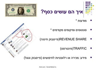 ‫איך הם עושים כסף?‬
                                                     ‫מודעות *‬   ‫‪‬‬



                              ‫סטטוסים ומיקומים מקודמים *‬        ‫‪‬‬



            ‫‪)REVENUE SHARE‬פייסבוק וזינגה(‬                       ‫‪‬‬



                                            ‫‪)TRAFFIC‬פינטרסט(‬    ‫‪‬‬



‫מידע: מכירה או רלוונטיות לחיפושים )פייסבוק וגוגל(‬               ‫‪‬‬



           ‫.‪Ariel Levin - Social Media Co‬‬
 
