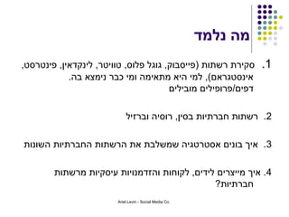 ‫מה נלמד‬
‫סקירת רשתות )פייסבוק, גוגל פלוס, טוויטר, לינקדאין, פינטרסט,‬        ‫1.‬
            ‫אינסטגראם(, למי היא מתאימה ומי כבר נימצא בה.‬
                                       ‫דפים/פרופילים מובילים‬

                            ‫2. רשתות חברתיות בסין, רוסיה וברזיל‬

‫3 . איך בונים אסטרטגיה שמשלבת את הרשתות החברתיות השונות‬

        ‫4. איך מייצרים לידים, לקוחות והזדמנויות עיסקיות מרשתות‬
                                               ‫חברתיות?‬
                        ‫.‪Ariel Levin - Social Media Co‬‬
 