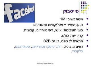 ‫פייסבוק‬
                             ‫משתמשים: ‪1M‬‬                 ‫‪‬‬

            ‫תוכן: עשיר + אפליקציות ומשחקים‬               ‫‪‬‬

     ‫סוגי חשבונות: אישי, דפי אוהדים, קבוצות.‬             ‫‪‬‬

                              ‫קהל יעד: כולם.‬             ‫‪‬‬

                  ‫מתאים ל: כולם, כן גם ‪B2B‬‬               ‫‪‬‬

‫דפים מובילים: דל, סיסקו נטוורקינג. סטארבקס,‬              ‫‪‬‬
                                     ‫בלקברי.‬


              ‫.‪Ariel Levin - Social Media Co‬‬
 