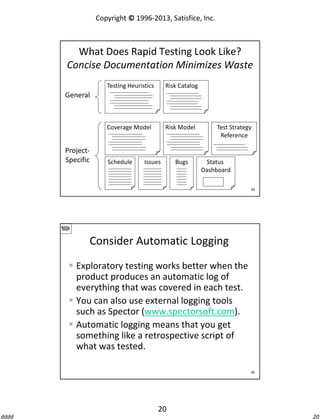 Copyright © 1996-2013, Satisfice, Inc.

What Does Rapid Testing Look Like?
Concise Documentation Minimizes Waste
Testing Heuristics

Risk Catalog

Coverage Model

Risk Model

General

ProjectSpecific

Schedule

Issues

Bugs

Test Strategy
Reference

Status
Dashboard
39

Consider Automatic Logging
 Exploratory testing works better when the
product produces an automatic log of
everything that was covered in each test.
 You can also use external logging tools
such as Spector (www.spectorsoft.com).
 Automatic logging means that you get
something like a retrospective script of
what was tested.
40

20
dddd

20

 
