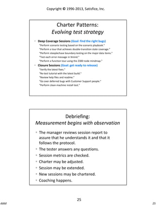 Copyright © 1996-2013, Satisfice, Inc.

Charter Patterns:
Evolving test strategy
 Deep Coverage Sessions (Goal: find the right bugs)
“Perform scenario testing based on the scenario playbook.”
“Perform a tour that achieves double-transition state coverage.”
“Perform steeplechase boundary testing on the major data items.”
“Test each error message in Xmind.”
“Perform a function tour using the 2300 node mindmap.”

 Closure Sessions (Goal: get ready to release)
“Verify the latest fixes.”
“Re-test tutorial with the latest build.”
“Review help files and readme.”
“Go over deferred bugs with Customer Support people.”
“Perform clean-machine install test.”

Debriefing:
Measurement begins with observation
 The manager reviews session report to
assure that he understands it and that it
follows the protocol.
 The tester answers any questions.
 Session metrics are checked.
 Charter may be adjusted.
 Session may be extended.
 New sessions may be chartered.
 Coaching happens.

25
dddd

25

 