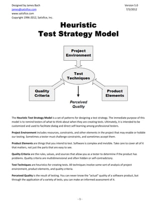 Designed by James Bach
james@satisfice.com
www.satisfice.com
Copyright 1996-2012, Satisfice, Inc.

Version 5.0
7/5/2012

The Heuristic Test Strategy Model is a set of patterns for designing a test strategy. The immediate purpose of this
model is to remind testers of what to think about when they are creating tests. Ultimately, it is intended to be
customized and used to facilitate dialog and direct self-learning among professional testers.
Project Environment includes resources, constraints, and other elements in the project that may enable or hobble
our testing. Sometimes a tester must challenge constraints, and sometimes accept them.
Product Elements are things that you intend to test. Software is complex and invisible. Take care to cover all of it
that matters, not just the parts that are easy to see.
Quality Criteria are the rules, values, and sources that allow you as a tester to determine if the product has
problems. Quality criteria are multidimensional and often hidden or self-contradictory.
Test Techniques are heuristics for creating tests. All techniques involve some sort of analysis of project
environment, product elements, and quality criteria.
Perceived Quality is the result of testing. You can never know the "actual" quality of a software product, but
through the application of a variety of tests, you can make an informed assessment of it.

-1-

 