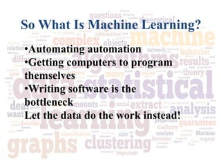 So What Is Machine Learning?
•Automating automation
•Getting computers to program
themselves
•Writing software is the
bott...