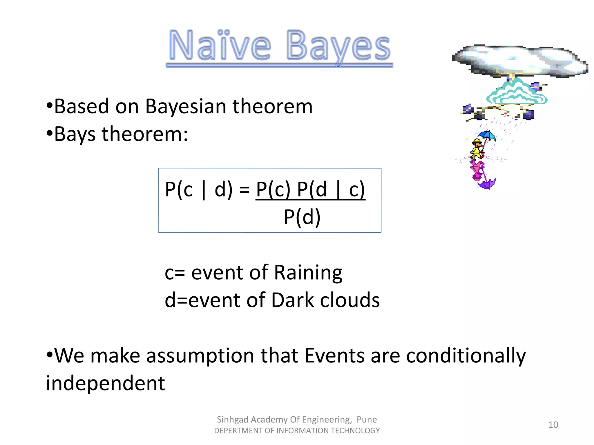 •Based on Bayesian theorem
•Bays theorem:
P(c | d) = P(c) P(d | c)
P(d)
c= event of Raining
d=event of Dark clouds
•We make assumption that Events are conditionally
independent
Sinhgad Academy Of Engineering, Pune
DEPERTMENT OF INFORMATION TECHNOLOGY
10
 
