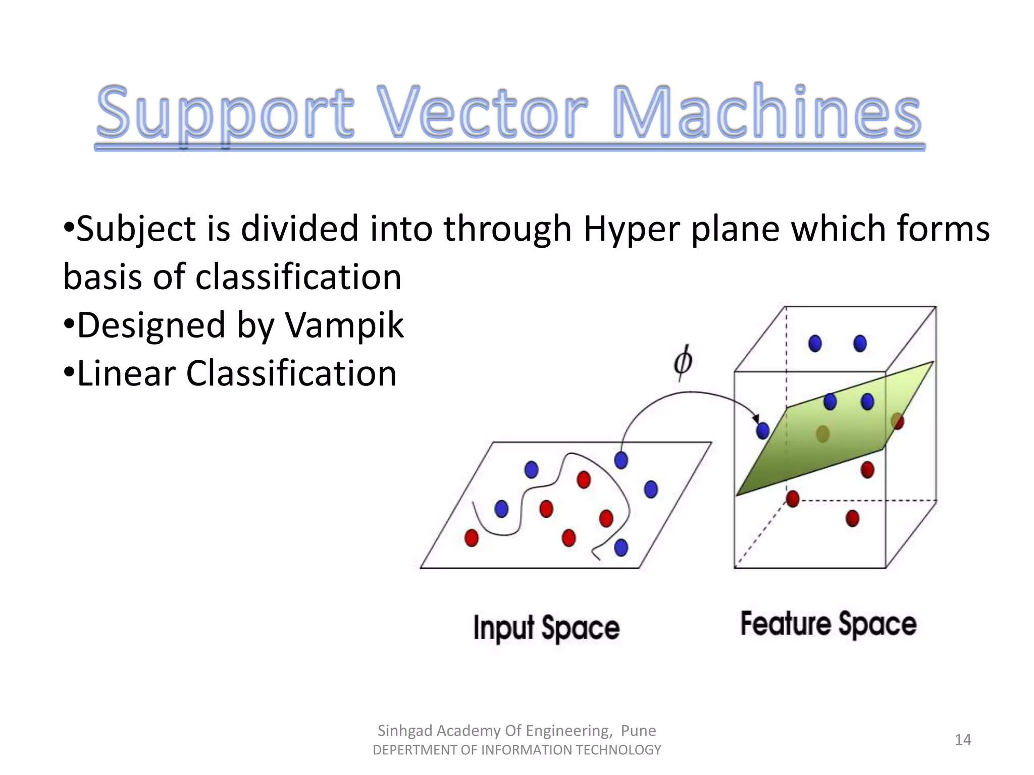 •Subject is divided into through Hyper plane which forms
basis of classification
•Designed by Vampik
•Linear Classification
Sinhgad Academy Of Engineering, Pune
DEPERTMENT OF INFORMATION TECHNOLOGY
14
 