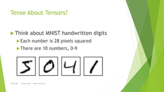 Tense About Tensors?
 Think about MNIST handwritten digits
Each number is 28 pixels squared
There are 10 numbers, 0-9
@...