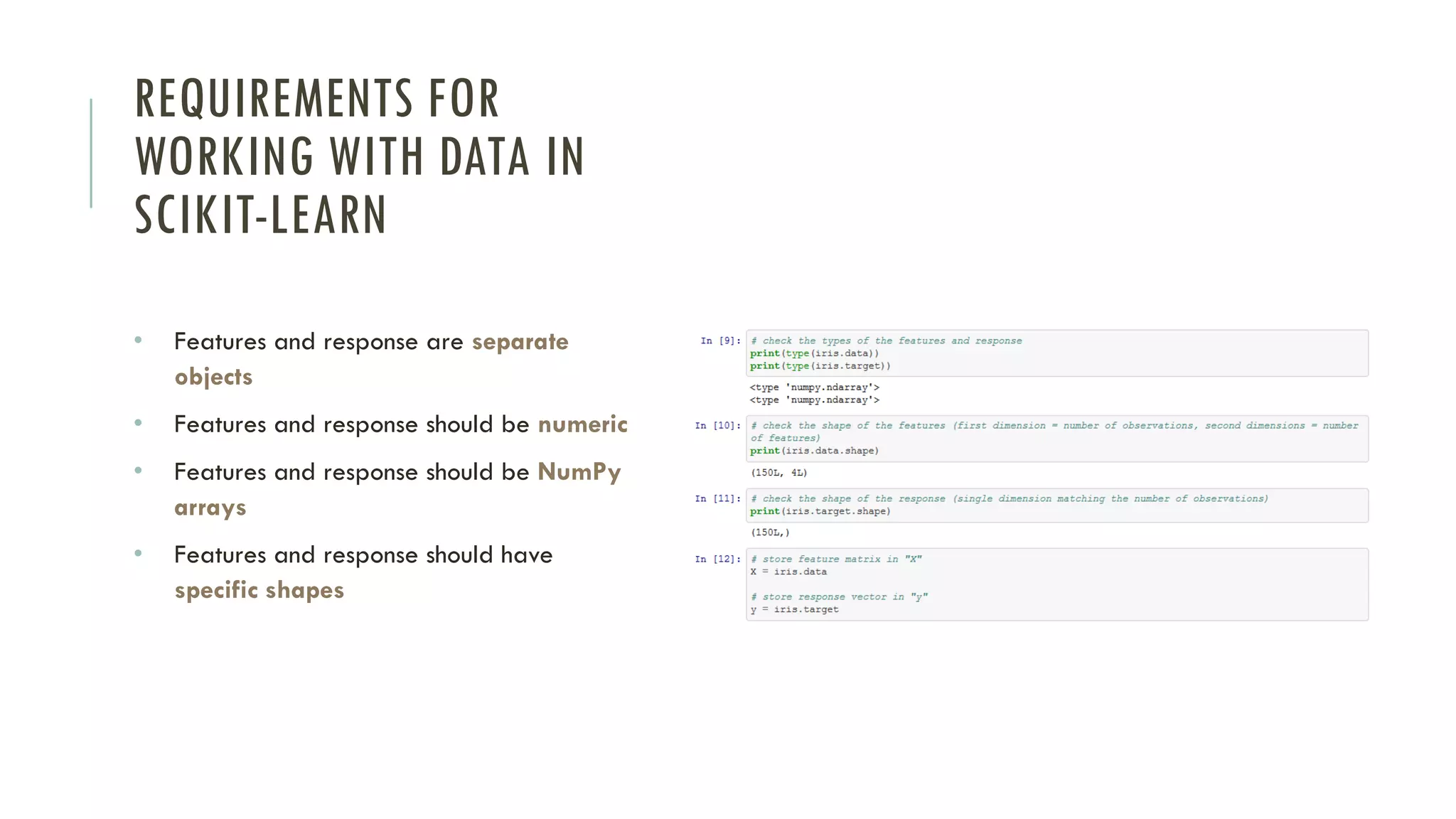 REQUIREMENTS FOR
WORKING WITH DATA IN
SCIKIT-LEARN
• Features and response are separate
objects
• Features and response should be numeric
• Features and response should be NumPy
arrays
• Features and response should have
specific shapes
 
