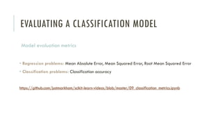 EVALUATING A CLASSIFICATION MODEL
Model evaluation metrics
• Regression problems: Mean Absolute Error, Mean Squared Error, Root Mean Squared Error
• Classification problems: Classification accuracy
https://github.com/justmarkham/scikit-learn-videos/blob/master/09_classification_metrics.ipynb
 