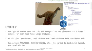 L I V E D E M O *
• Web app on Apache uses AWS SDK for Rekognition API connected to a video
camera for near real-time image analysis.
• ML assigns LABELS/TAGS, and returns raw JSON response from the Model API.
• Can adjust MAXLABELS, MINCONFIDENCE, etc., be ported to Lambda/S3 Bucket,
and send alerts.
* Service currently available in AWS GovCloud (US-West) only.
Applied ML - Harsh Prakash 3
 