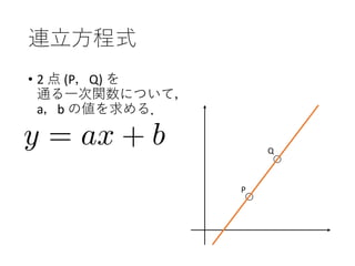 連立方程式
• 2 点 (P，Q) を
通る一次関数について，
a，b の値を求める．
P
Q
 