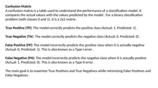 Confusion Matrix
A confusion matrix is a table used to understand the performance of a classification model. It
compares the actual values with the values predicted by the model . For a binary classification
problem (with classes 0 and 1), it is a 2x2 matrix .
True Positive (TP): The model correctly predicts the positive class (Actual: 1, Predicted: 1) .
True Negative (TN): The model correctly predicts the negative class (Actual: 0, Predicted: 0) .
False Positive (FP): The model incorrectly predicts the positive class when it is actually negative
(Actual: 0, Predicted: 1). This is also known as a Type I error .
False Negative (FN): The model incorrectly predicts the negative class when it is actually positive
(Actual: 1, Predicted: 0). This is also known as a Type II error .
The main goal is to maximize True Positives and True Negatives while minimizing False Positives and
False Negatives .
 