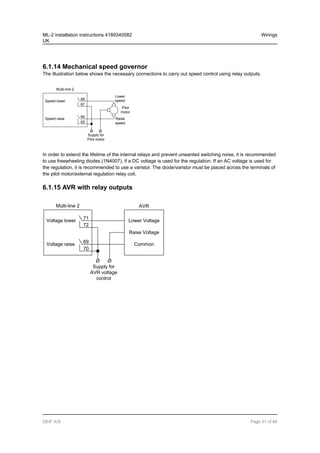 6.1.14 Mechanical speed governor
The illustration below shows the necessary connections to carry out speed control using relay outputs.
Multi-line 2
Speed lower
Speed raise
Ø
68
67
66
65
Supply for
Pilot motor
Ø
Pilot
motor
Lower
speed
Raise
speed
In order to extend the lifetime of the internal relays and prevent unwanted switching noise, it is recommended
to use freewheeling diodes (1N4007), if a DC voltage is used for the regulation. If an AC voltage is used for
the regulation, it is recommended to use a varistor. The diode/varistor must be placed across the terminals of
the pilot motor/external regulation relay coil.
6.1.15 AVR with relay outputs
Multi-line 2
Voltage lower
Voltage raise
Ø
71
72
69
70
Supply for
AVR voltage
control
Ø
Common
Lower Voltage
Raise Voltage
AVR
ML-2 installation instructions 4189340582
UK
Wirings
DEIF A/S Page 51 of 64
 