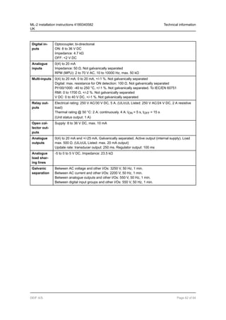Digital in-
puts
Optocoupler, bi-directional
ON: 8 to 36 V DC
Impedance: 4.7 kΩ
OFF: <2 V DC
Analogue
inputs
0(4) to 20 mA
Impedance: 50 Ω. Not galvanically separated
RPM (MPU): 2 to 70 V AC, 10 to 10000 Hz, max. 50 kΩ
Multi-inputs 0(4) to 20 mA: 0 to 20 mA, +/-1 %. Not galvanically separated
Digital: max. resistance for ON detection: 100 Ω. Not galvanically separated
Pt100/1000: -40 to 250 °C, +/-1 %. Not galvanically separated. To IEC/EN 60751
RMI: 0 to 1700 Ω, +/-2 %. Not galvanically separated
V DC: 0 to 40 V DC, +/-1 %. Not galvanically separated
Relay out-
puts
Electrical rating: 250 V AC/30 V DC, 5 A. (UL/cUL Listed: 250 V AC/24 V DC, 2 A resistive
load)
Thermal rating @ 50 °C: 2 A: continuously. 4 A: tON = 5 s, tOFF = 15 s
(Unit status output: 1 A)
Open col-
lector out-
puts
Supply: 8 to 36 V DC, max. 10 mA
Analogue
outputs
0(4) to 20 mA and +/-25 mA. Galvanically separated. Active output (internal supply). Load
max. 500 Ω. (UL/cUL Listed: max. 20 mA output)
Update rate: transducer output: 250 ms. Regulator output: 100 ms
Analogue
load shar-
ing lines
-5 to 0 to 5 V DC. Impedance: 23.5 kΩ
Galvanic
separation
Between AC voltage and other I/Os: 3250 V, 50 Hz, 1 min.
Between AC current and other I/Os: 2200 V, 50 Hz, 1 min.
Between analogue outputs and other I/Os: 550 V, 50 Hz, 1 min.
Between digital input groups and other I/Os: 550 V, 50 Hz, 1 min.
ML-2 installation instructions 4189340582
UK
Technical information
DEIF A/S Page 62 of 64
 