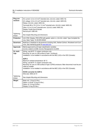 Plug con-
nections
Tightening
torque
AC current: 0.2 to 4.0 mm2 stranded wire. (UL/cUL Listed: AWG 18)
AC voltage: 0.2 to 2.5 mm2 stranded wire. (UL/cUL Listed: AWG 20)
Relays: (UL/cUL Listed: AWG 22)
Terminals 98 to 116: 0.2 to 1.5 mm2 stranded wire. (UL/cUL Listed: AWG 24)
Other: 0.2 to 2.5 mm2 stranded wire. (UL/cUL Listed: AWG 24)
Display: 9-pole Sub-D female
Service port: USB A-B
See chapter Mounting and dimensions
Protection Unit: IP20. Display: IP40 (IP54 with gasket: option L). (UL/cUL Listed: Type Complete De-
vice, Open Type). To IEC/EN 60529
Governors Multi-line 2 interfaces to all governors including GAC, Barber-Colman, Woodward and Cum-
mins. See interfacing guide at www.deif.com
Approvals Marine-approved by all major classification societies
UL/cUL Listed to UL508. UL/cUL Recognized to UL2200
UL mark-
ings
Tightening
torque
Wiring: use 60/75 °C copper conductors only
Mounting: for use on a flat surface of type 1 enclosure
Installation: to be installed in accordance with the NEC (US) or the CEC (Canada)
AOP-2:
Maximum ambient temperature: 60 °C
Wiring: use 60/75 °C copper conductors only
Mounting: for use on a flat surface of type 3 (IP54) enclosure. Main disconnect must be pro-
vided by installer
Installation: to be installed in accordance with the NEC (US) or the CEC (Canada)
DC/DC converter for AOP-2:
Wire size: AWG 22-14
See chapter Mounting and dimensions
Weight Base unit: 1.6 kg (3.5 lbs.)
Option J1/J3/J6: 0.2 kg (0.4 lbs.)
Option J2: 0.4 kg (0.9 lbs.)
Display: 0.4 kg (0.9 lbs.)
ML-2 installation instructions 4189340582
UK
Technical information
DEIF A/S Page 64 of 64
 
