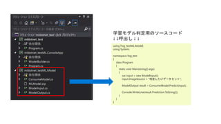 学習モデル判定用のソースコード
↓ ↓呼出し ↓ ↓
using Fog_testML.Model;
using System;
namespace fog_test
{
class Program
{
static void Main(string[] args)
{
var input = new ModelInput();
input.ImageSource = "判定したいデータセット";
ModelOutput result = ConsumeModel.Predict(input);
Console.WriteLine(result.Prediction.ToString());
}
}
}
 