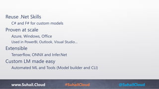 www.Suhail.Cloud #SuhailCloud @SuhailCloud
Reuse .Net Skills
C# and F# for custom models
Proven at scale
Azure, Windows, O...