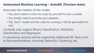 www.Suhail.Cloud #SuhailCloud @SuhailCloud
Automated Machine Learning – AutoML (Preview state)
Automate the creation of th...