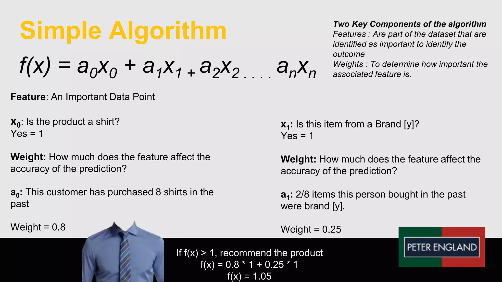 Simple Algorithm
f(x) = a0x0 + a1x1 + a2x2 . . . . anxn
Feature: An Important Data Point
x0: Is the product a shirt?
Yes = 1
Weight: How much does the feature affect the
accuracy of the prediction?
a0: This customer has purchased 8 shirts in the
past
Weight = 0.8
x1: Is this item from a Brand [y]?
Yes = 1
Weight: How much does the feature affect the
accuracy of the prediction?
a1: 2/8 items this person bought in the past
were brand [y].
Weight = 0.25
If f(x) > 1, recommend the product
f(x) = 0.8 * 1 + 0.25 * 1
f(x) = 1.05
Two Key Components of the algorithm
Features : Are part of the dataset that are
identified as important to identify the
outcome
Weights : To determine how important the
associated feature is.
 