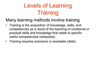 Levels of Learning
Training
Many learning methods involve training
• Training is the acquisition of knowledge, skills, and
competencies as a result of the teaching of vocational or
practical skills and knowledge that relate to specific
useful competencies (wikipedia).
• Training requires scenarios or examples (data)
 