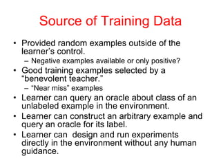 Source of Training Data
• Provided random examples outside of the
learner’s control.
– Negative examples available or only positive?
• Good training examples selected by a
“benevolent teacher.”
– “Near miss” examples
• Learner can query an oracle about class of an
unlabeled example in the environment.
• Learner can construct an arbitrary example and
query an oracle for its label.
• Learner can design and run experiments
directly in the environment without any human
guidance.
 