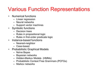 Various Function Representations
• Numerical functions
– Linear regression
– Neural networks
– Support vector machines
• Symbolic functions
– Decision trees
– Rules in propositional logic
– Rules in first-order predicate logic
• Instance-based functions
– Nearest-neighbor
– Case-based
• Probabilistic Graphical Models
– Naïve Bayes
– Bayesian networks
– Hidden-Markov Models (HMMs)
– Probabilistic Context Free Grammars (PCFGs)
– Markov networks
 