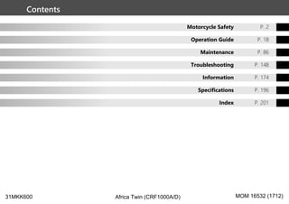 Contents
Motorcycle Safety P. 2
Operation Guide P. 18
Maintenance P. 86
Troubleshooting P. 148
Information P. 174
Specifications P. 196
Index P. 201
Africa Twin (CRF1000A/D)
31MKK600 MOM 16532 (1712)
 