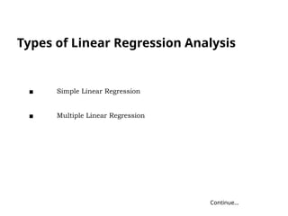 Types of Linear Regression Analysis
Continue…
▪ Simple Linear Regression
▪ Multiple Linear Regression
 
