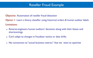 Reseller Fraud Example
Objective: Automation of reseller fraud detection
Option 1: Learn a binary classifier using historical orders & human auditor labels
Limitations:
● Reverse-engineers human auditors’ decisions along with their biases and
shortcomings
● Can’t adapt to changes in fraudster tactics or data drifts
● No connection to “actual business metrics” that we want to optimize
 