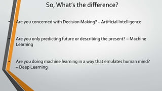 So,What’s the difference?
• Are you concerned with Decision Making? – Artificial Intelligence
• Are you only predicting future or describing the present? – Machine
Learning
• Are you doing machine learning in a way that emulates human mind?
– Deep Learning
 