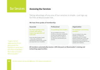 Our Services                  Accessing Our Services

                                   Taking advantage of any one of our services is simple – just sign up
                                   for free at MusicLeader.net.

                                   We have three grades of membership:

                                   Associate                            Professional                         Organisation
                                   For those wanting to stay            For practicing music leaders.        For employers and training
                                   in touch with what is                                                     providers.
                                   happening regionally and             You are entitled to the same
                                                                        benefits as Associate membership     You are entitled to the same
                                   nationally.                          as well as the added benefit of      benefits as Professional
                                                                        being able to list your details in   membership with the added
                                   Access the MusicLeader Toolkit
                                                                        our directory and promote your       benefit of being able to post jobs
                                   – news, jobs, professional
                                                                        services.                            and promote your professional
                                   development opportunities, guides
“I get a lot of                    and subscribe to our e-bulletins.                                         development opportunities via our
approaches from                                                                                              website and e-bulletins.

post grads for
freelance work but I               All members automatically receive a 50% discount on MusicLeader’s training and
tell them that their               networking opportunities.
first step is to join
MusicLeader.”


11    Join the network and see the difference. Visit www.musicleader.net.
 