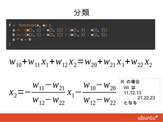 分類

w 10 +w 11 x1 +w 12 x 2=w 20 +w 21 x 1+w 22 x2

w 11−w 21
w 10−w 20
x 2=−
x1−
w 12−w 22
w 12−w 22

R の場合
Wi は
11,12,13
21,22,23
となる

 